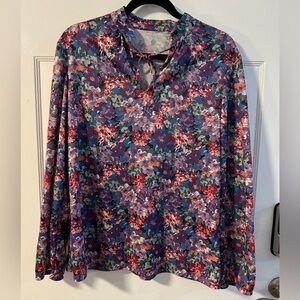 1970’s Floral Flower Power Womens Blouse Bow Tie Top Medium Vintage